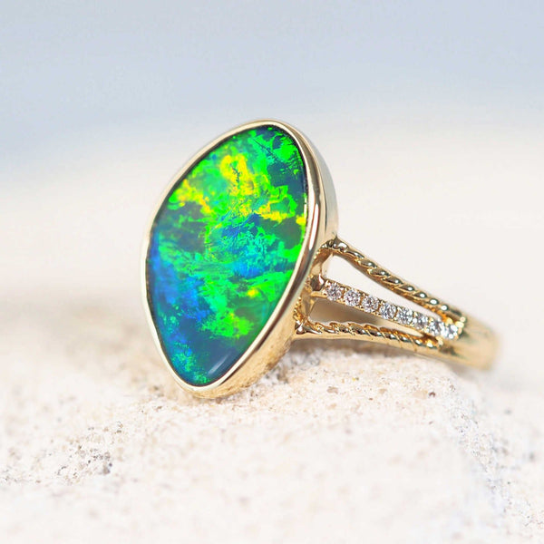 blue and green australian opal gold ring