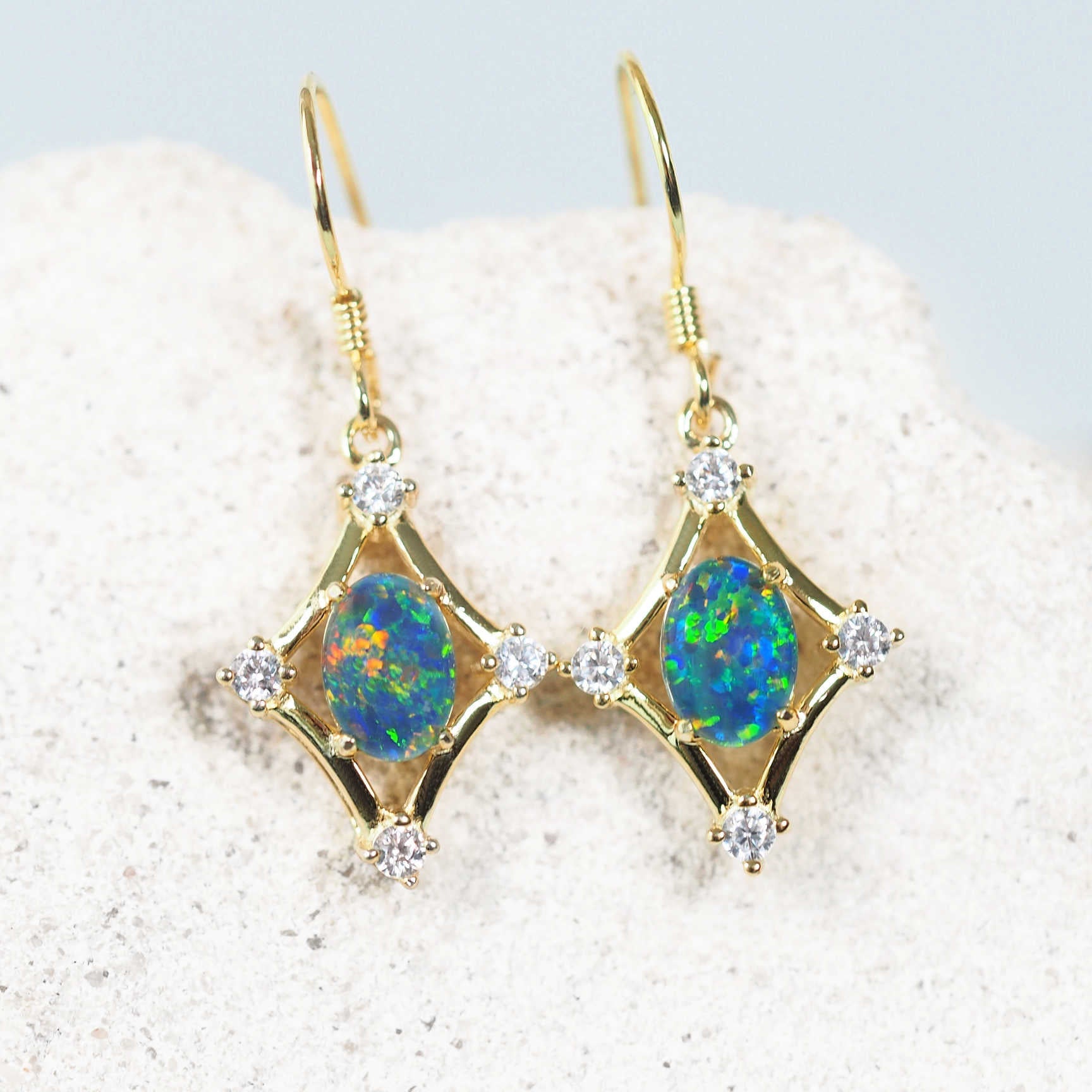 Venette opal drop earrings with multi-colour Australian triplet opals and gold plated sterling silver.