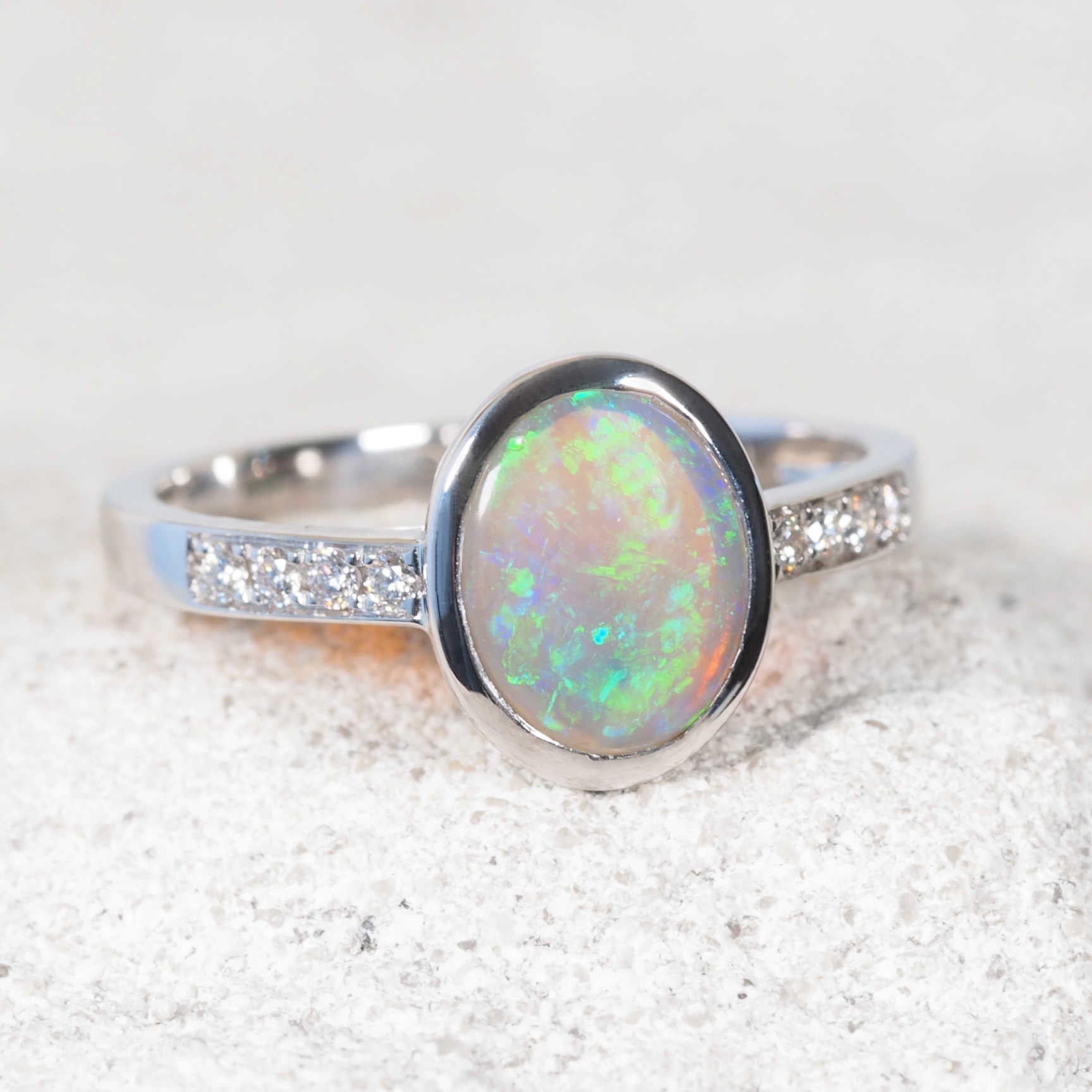 Verdara opal ring with oval green crystal opal set in 14ct white gold