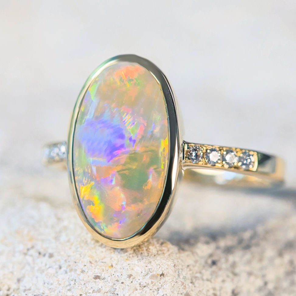 'Adela' Gold Australian Crystal Opal Ring - Black Star Opal