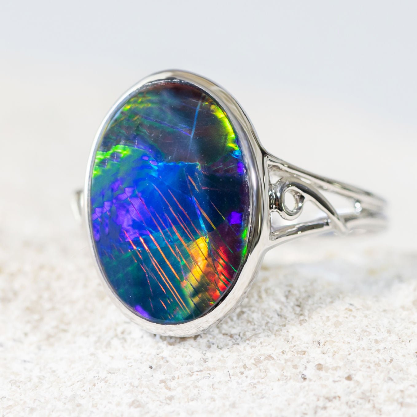 'Adele' White Gold Australian Triplet Opal Ring - Black Star Opal