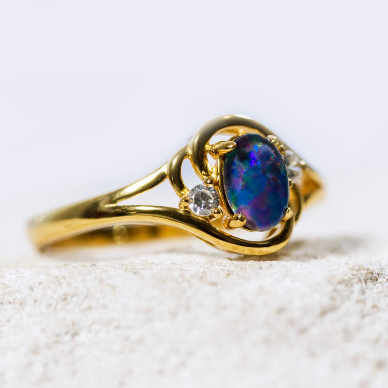 'Alenka' Gold Plated Silver Australian Triplet Opal Ring - Black Star Opal