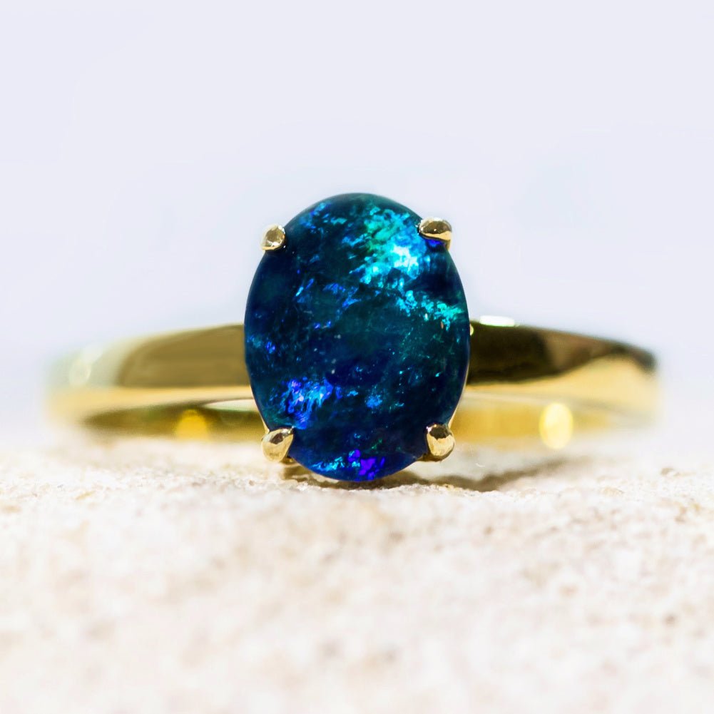 'Alina' Gold Plated Silver Australian Triplet Opal Ring - Black Star Opal
