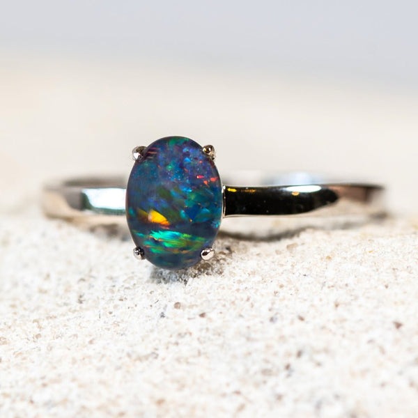 australian opal silver ring with a colourful triplet opal