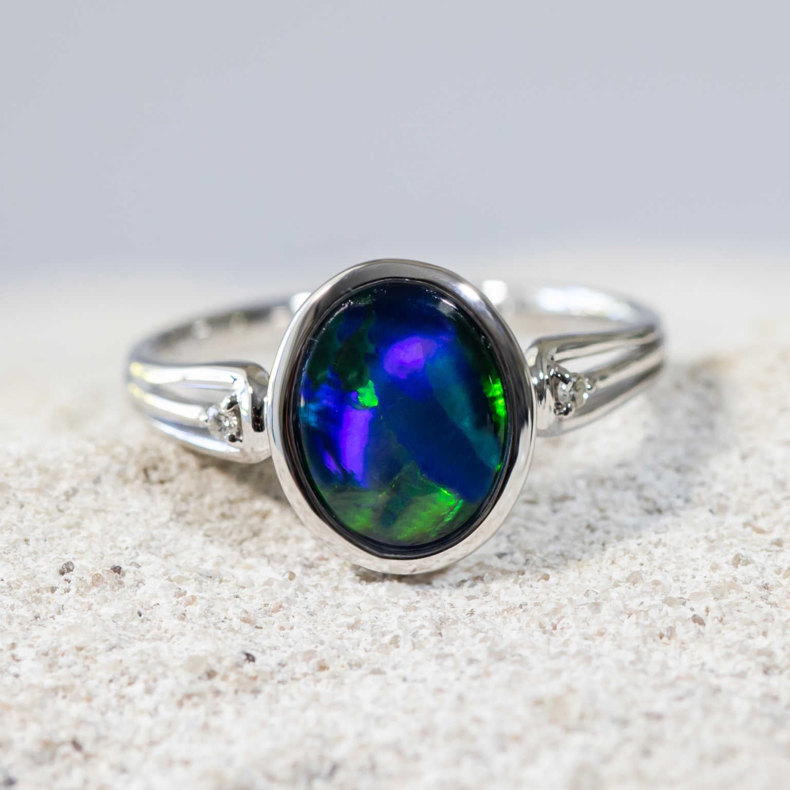 'Amalia' White Gold Australian Triplet Opal Ring - Black Star Opal