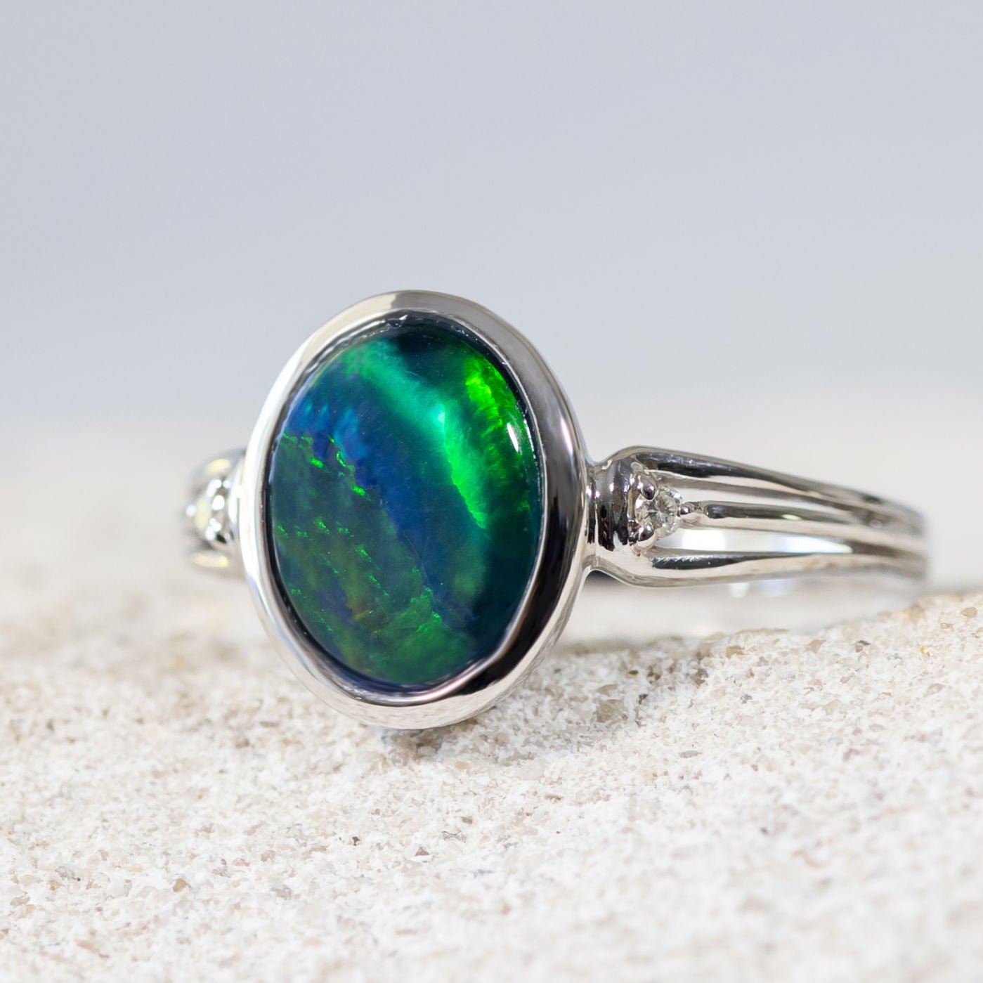 'Amalia' White Gold Australian Triplet Opal Ring - Black Star Opal
