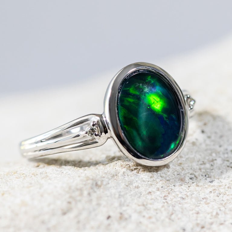 'Amalia' White Gold Australian Triplet Opal Ring - Black Star Opal