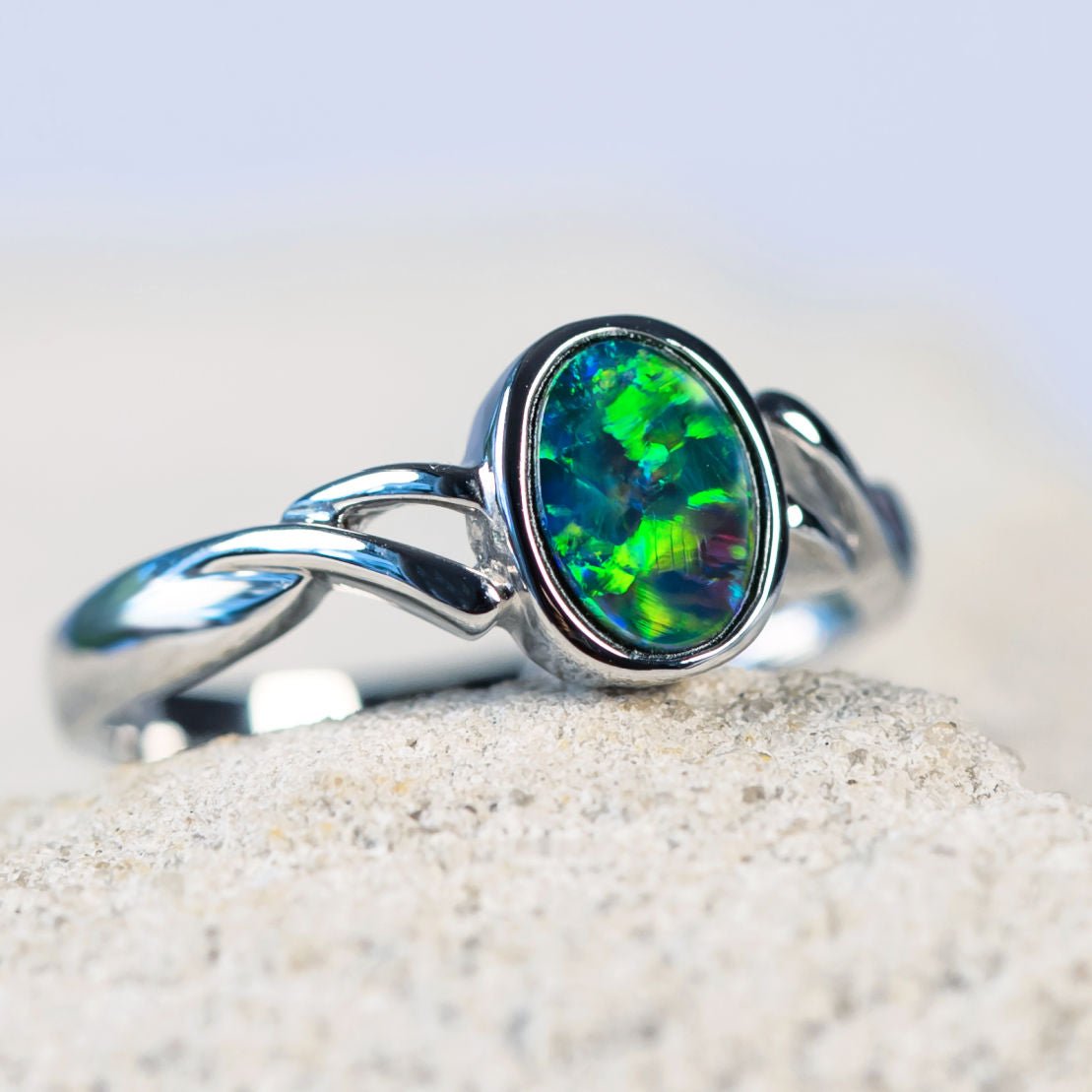 'Amara' White Gold Australian Doublet Opal Ring - Black Star Opal