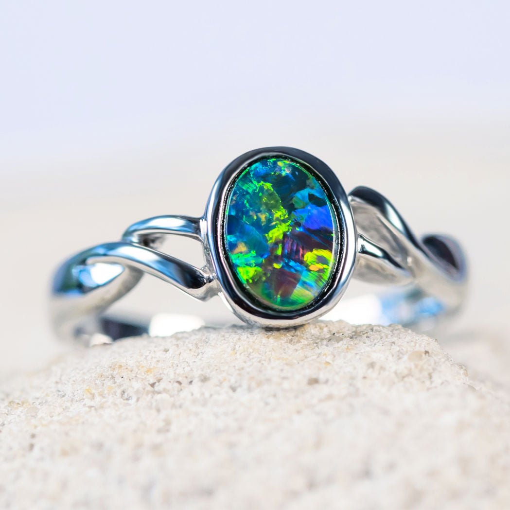 'Amara' White Gold Australian Doublet Opal Ring - Black Star Opal