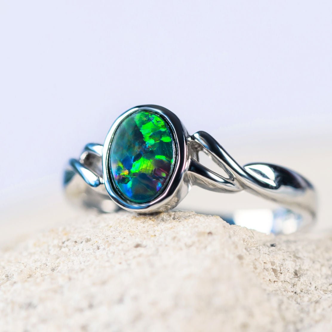 'Amara' White Gold Australian Doublet Opal Ring - Black Star Opal