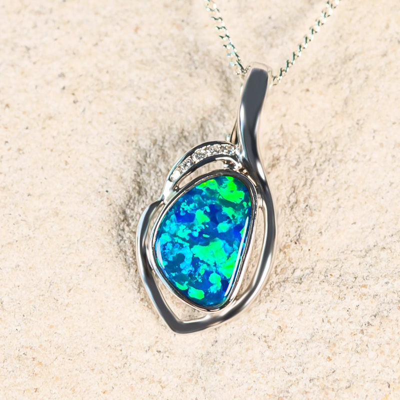 'Amaya' White Gold Doublet Opal Necklace Pendant - Black Star Opal