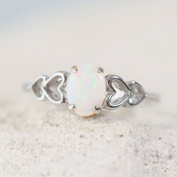 colourful heart design white opal silver ring