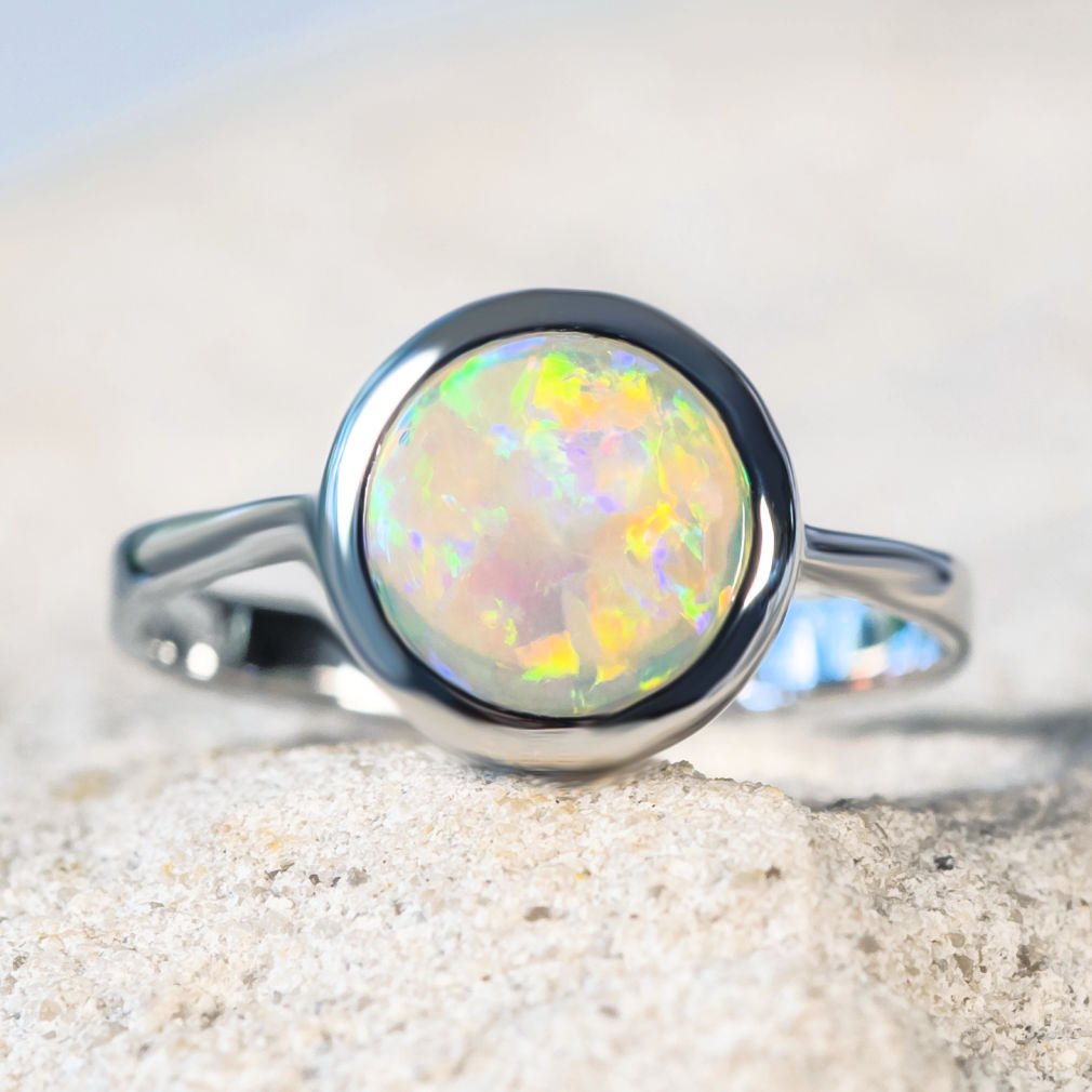 'Ana' White Gold Australian Crystal Opal Ring - Black Star Opal
