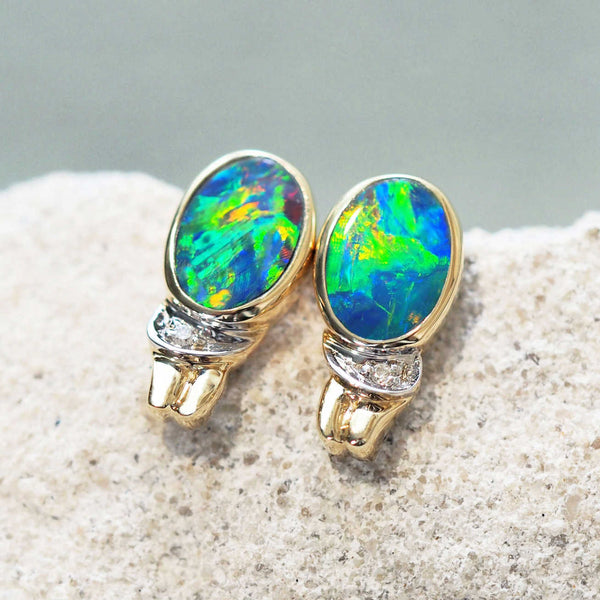 colourful doublet opal earrings set in 14ct yellow gold with two sparkling white diamonds
