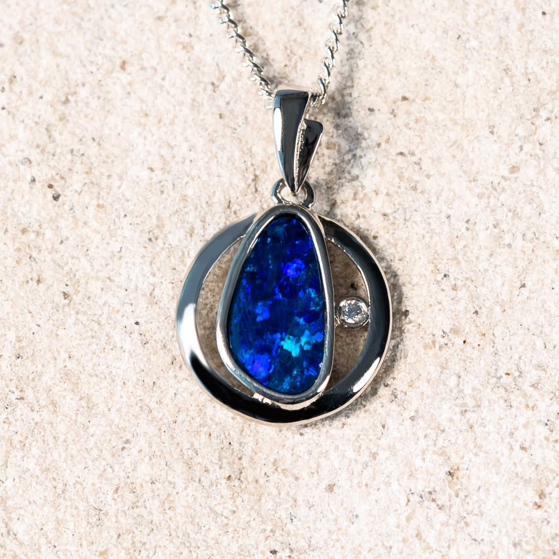 'Aspyn' Silver Australian Doublet Opal Necklace Pendant - Black Star Opal