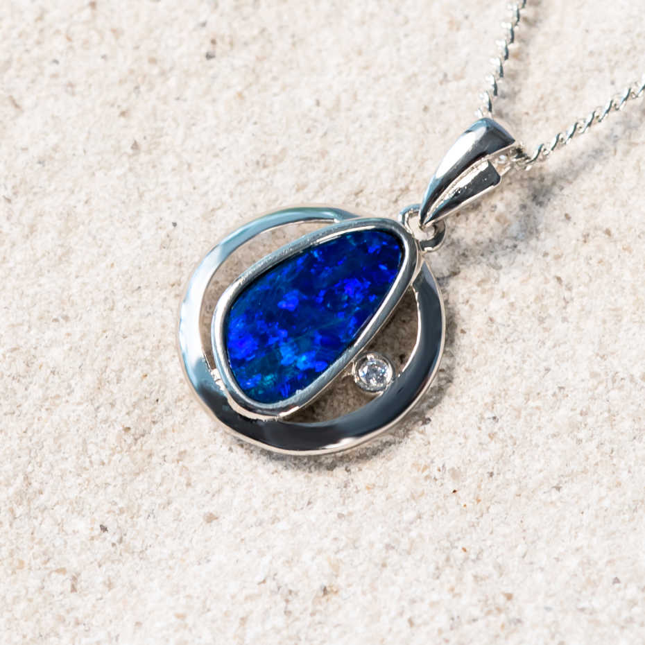 'Aspyn' Silver Australian Doublet Opal Necklace Pendant - Black Star Opal