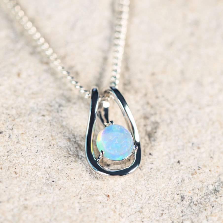 'Ava' White Gold Crystal Opal Necklace Pendant - Black Star Opal