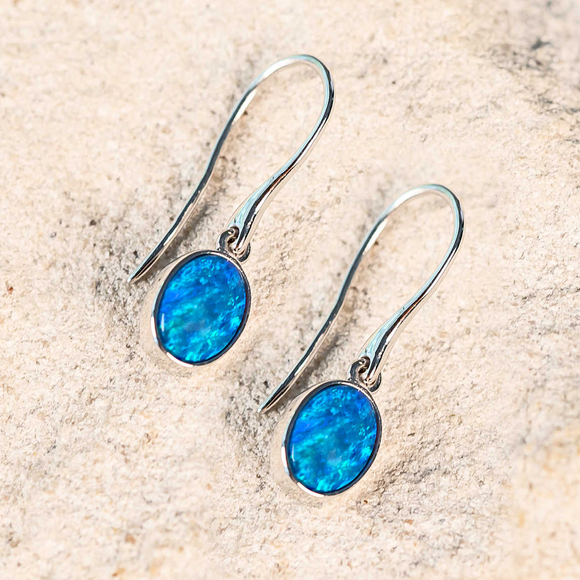 blue doublet opal white gold earrings