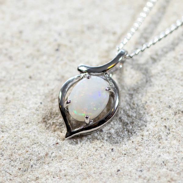 'Bianca' Silver Australian White Opal Necklace Pendant - Black Star Opal