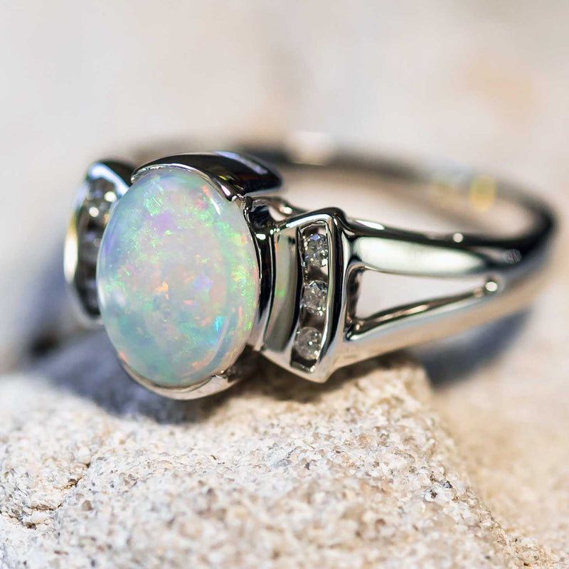 'Bijoux' White Gold Australian Crystal Opal Ring - Black Star Opal