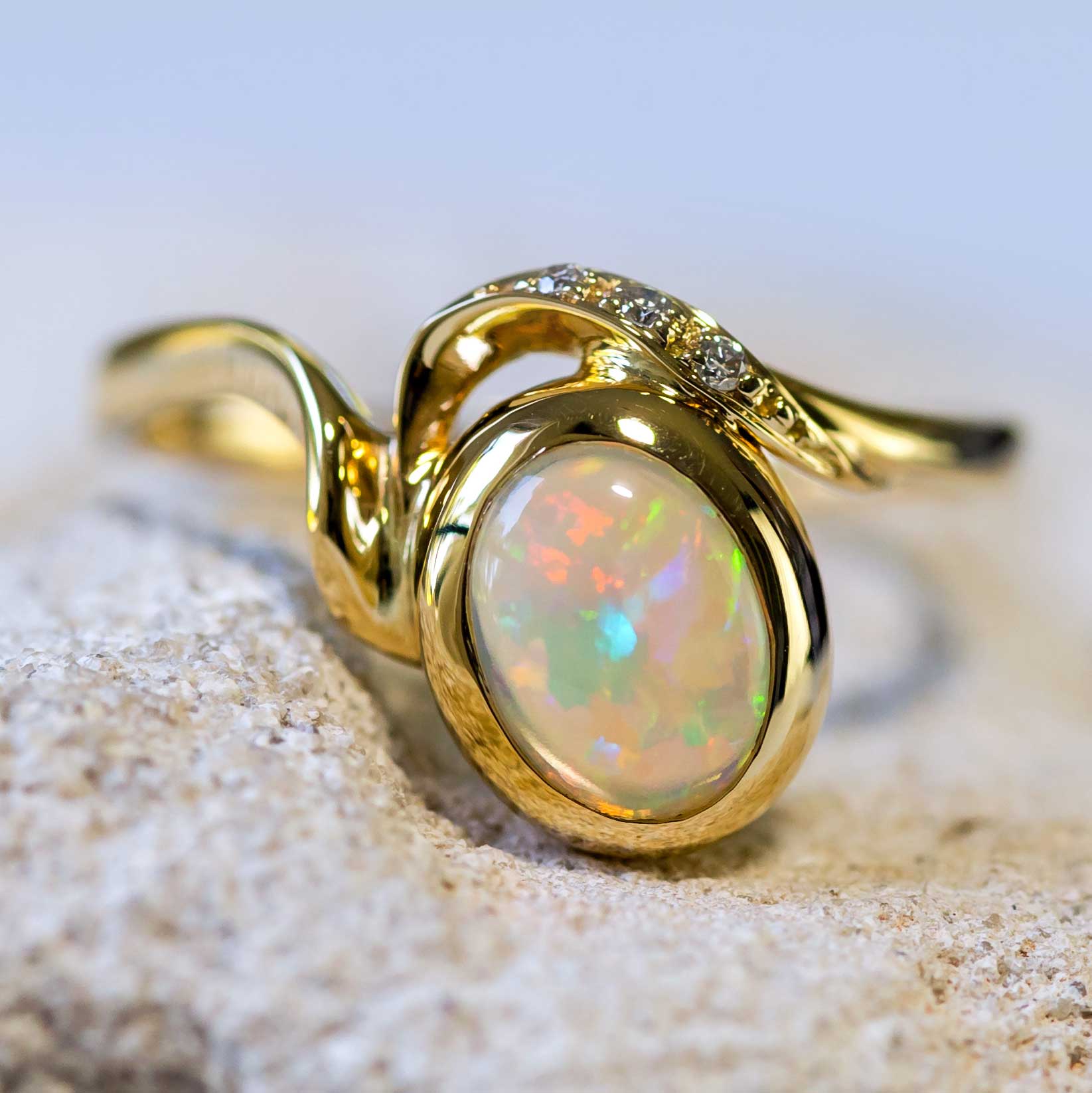 'Cassia' Gold Australian Crystal Opal Ring - Black Star Opal
