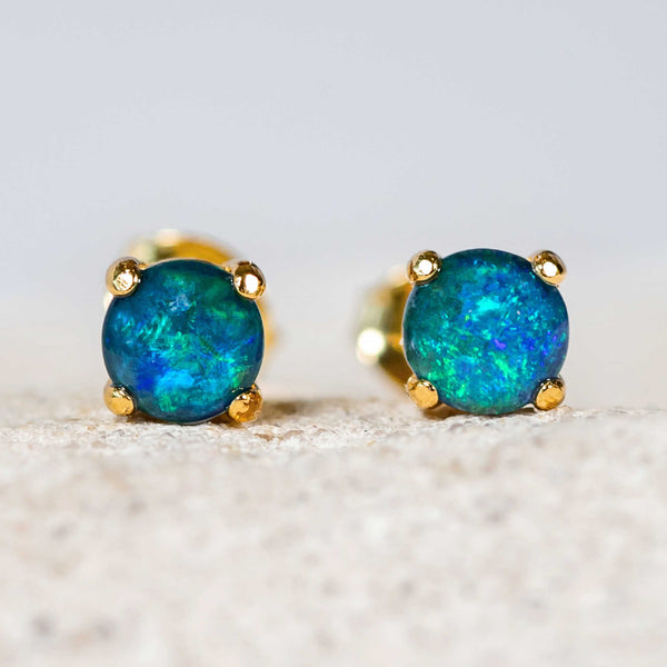 'Celia' Gold Plated Silver Australian Triplet Opal Earrings - Black Star Opal