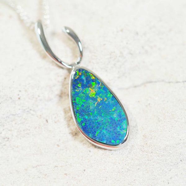 colourful australian opal necklace in silver set with a doublet opal