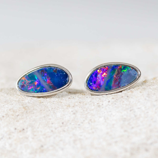 'Colour Burst' Silver Australian Doublet Opal Earrings - Black Star Opal