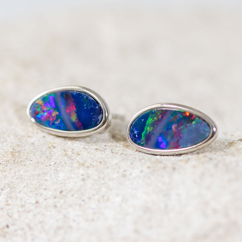 'Colour Burst' Silver Australian Doublet Opal Earrings - Black Star Opal