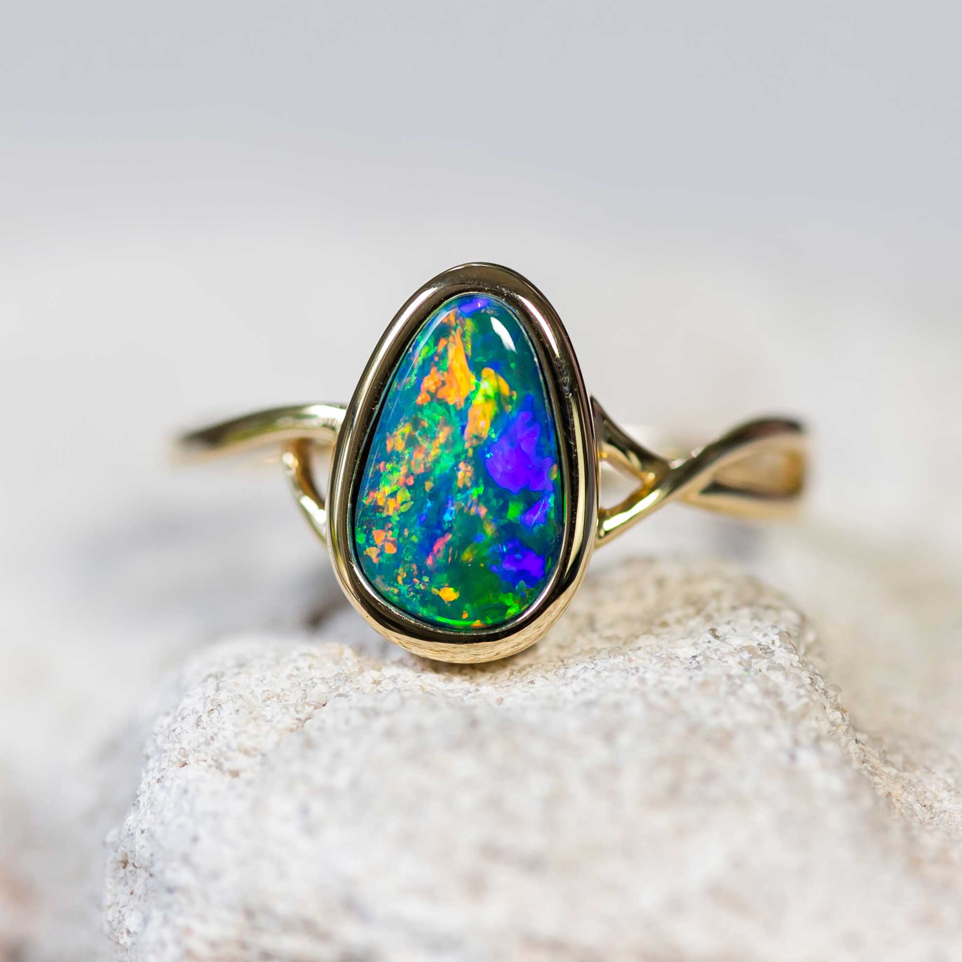 'Colour Twist' Gold Australian Doublet Opal Ring - Black Star Opal