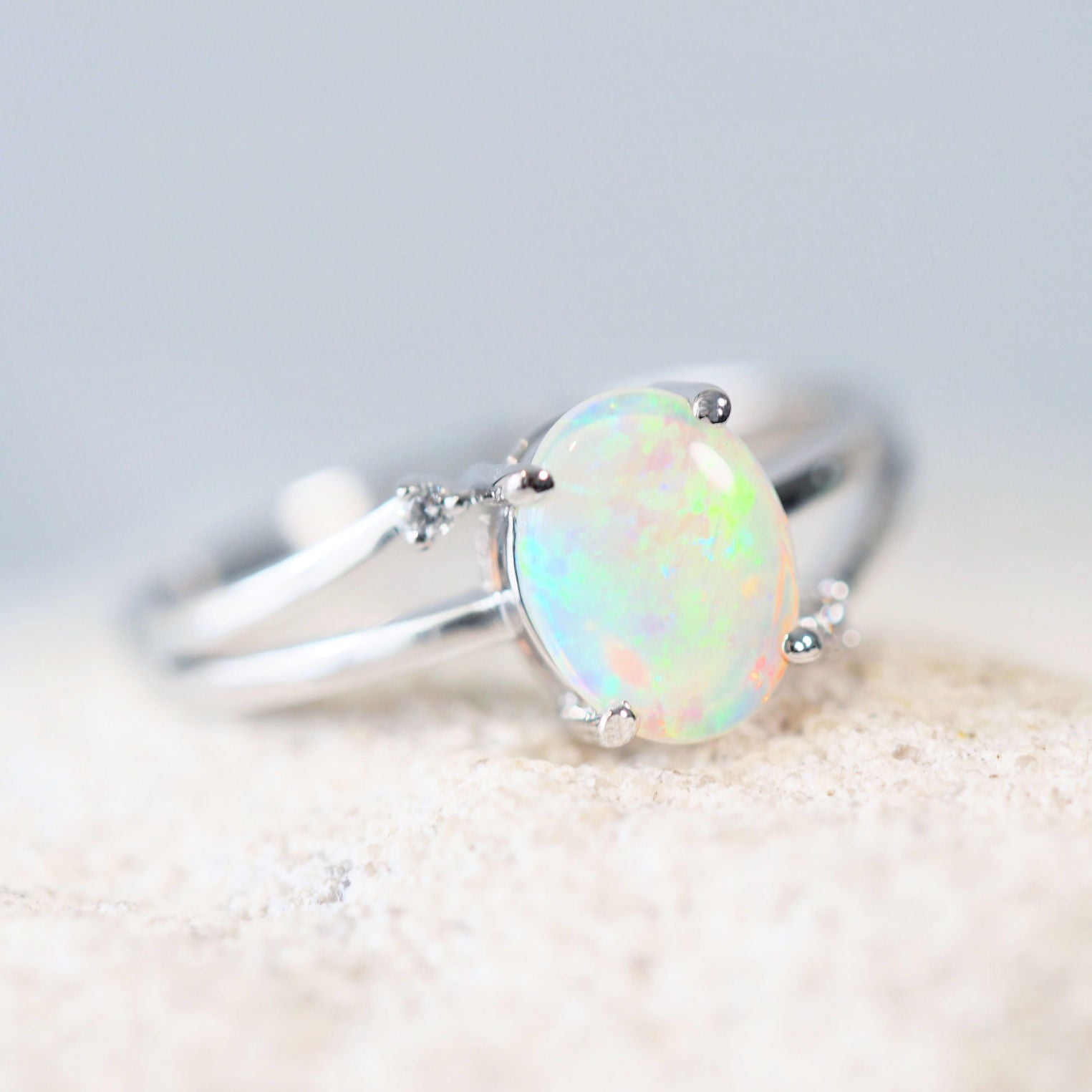 green crystal opal white gold ring