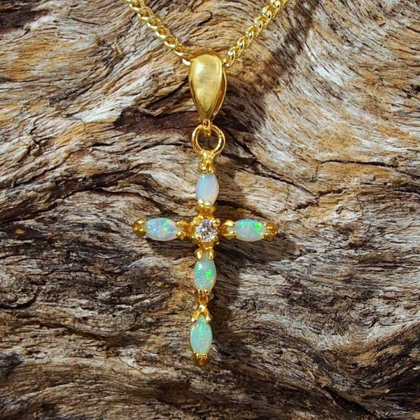 'Cross' Gold Plated Silver Australian Opal Necklace Pendant - Black Star Opal