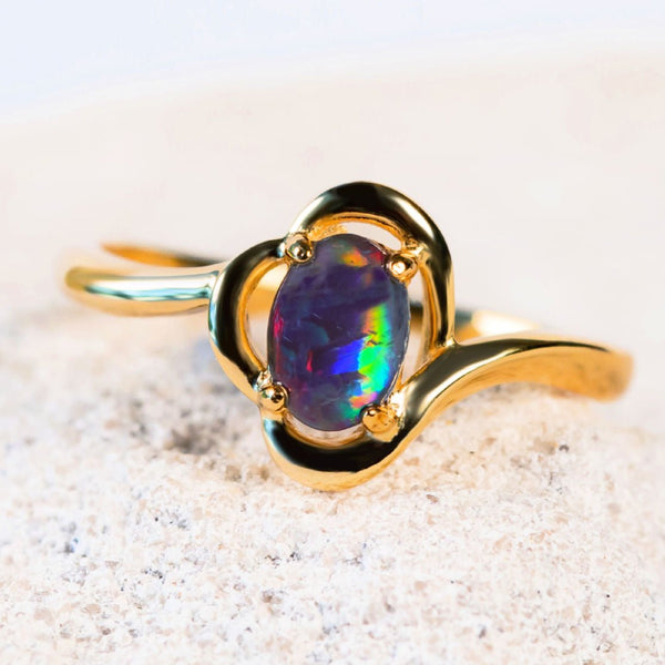 colourful triplet opal ring gold plated silver scallop design