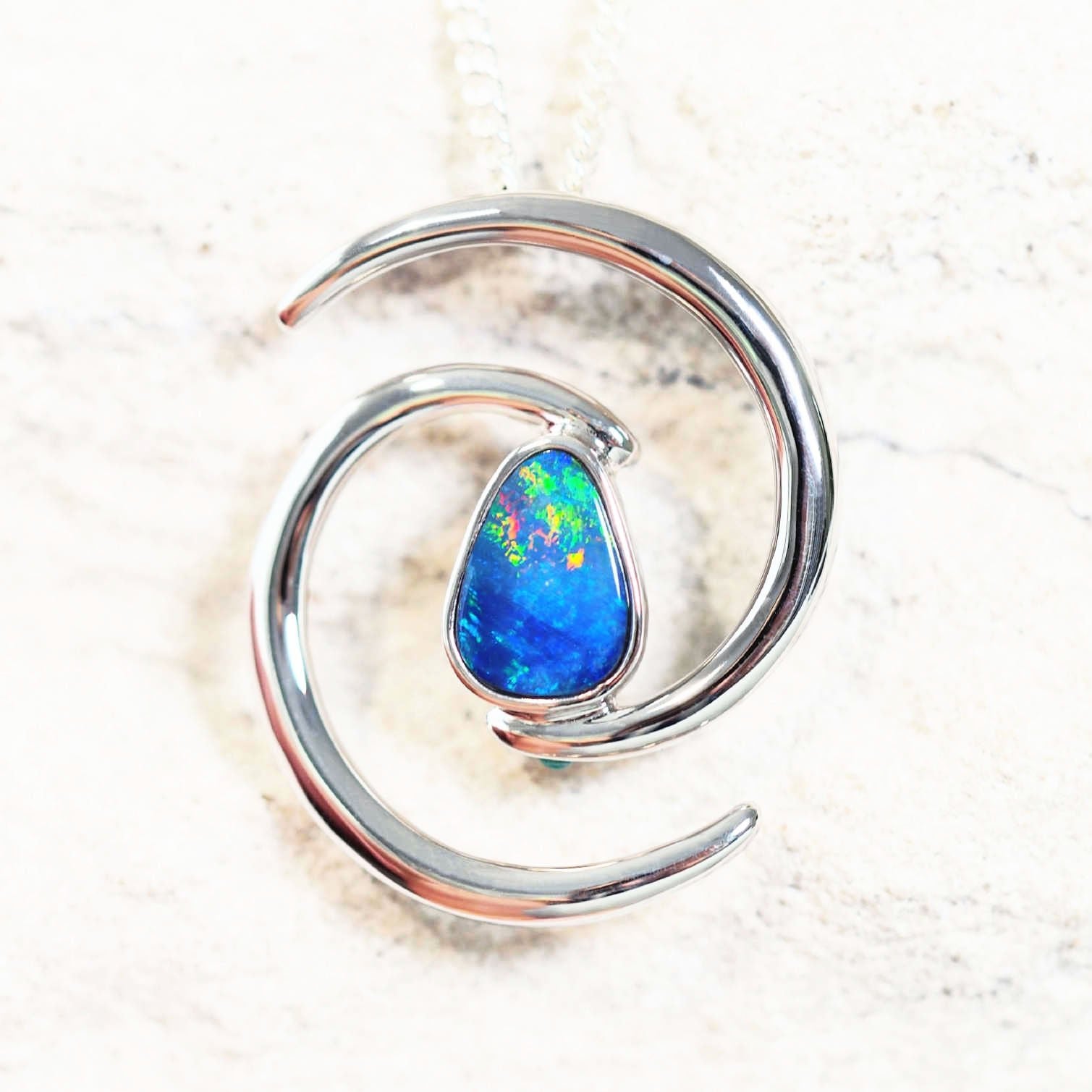 blue triangular doublet opal necklace set in sterling silver