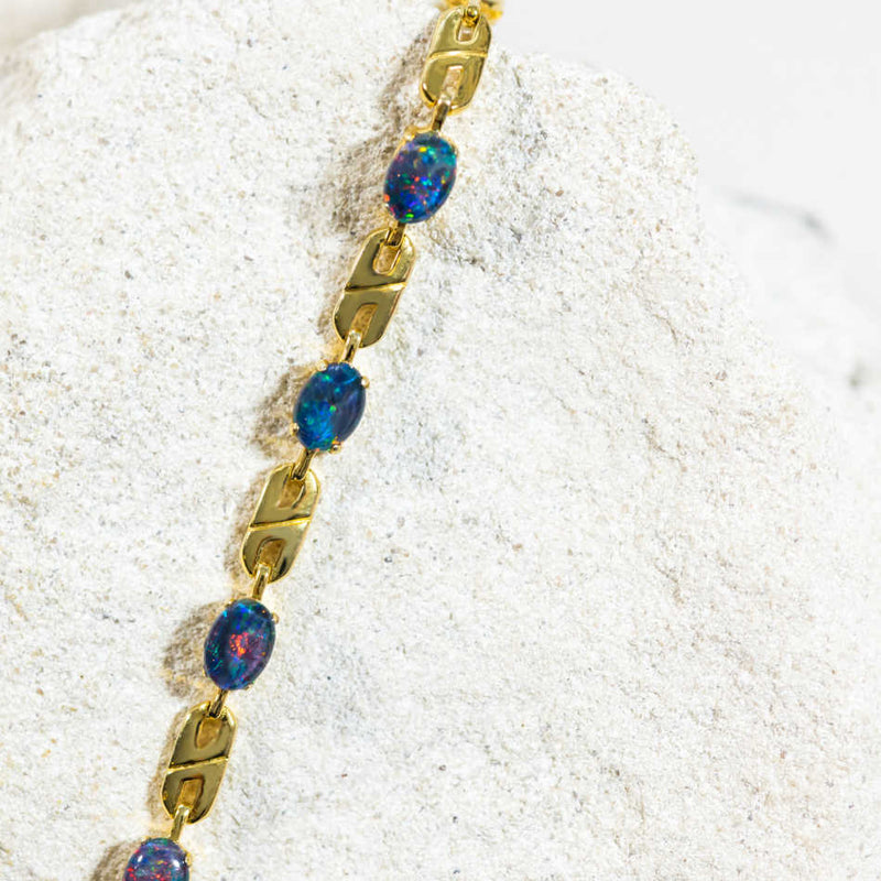 'Double Link' Gold Plated Silver Australian Triplet Opal Bracelet - Black Star Opal