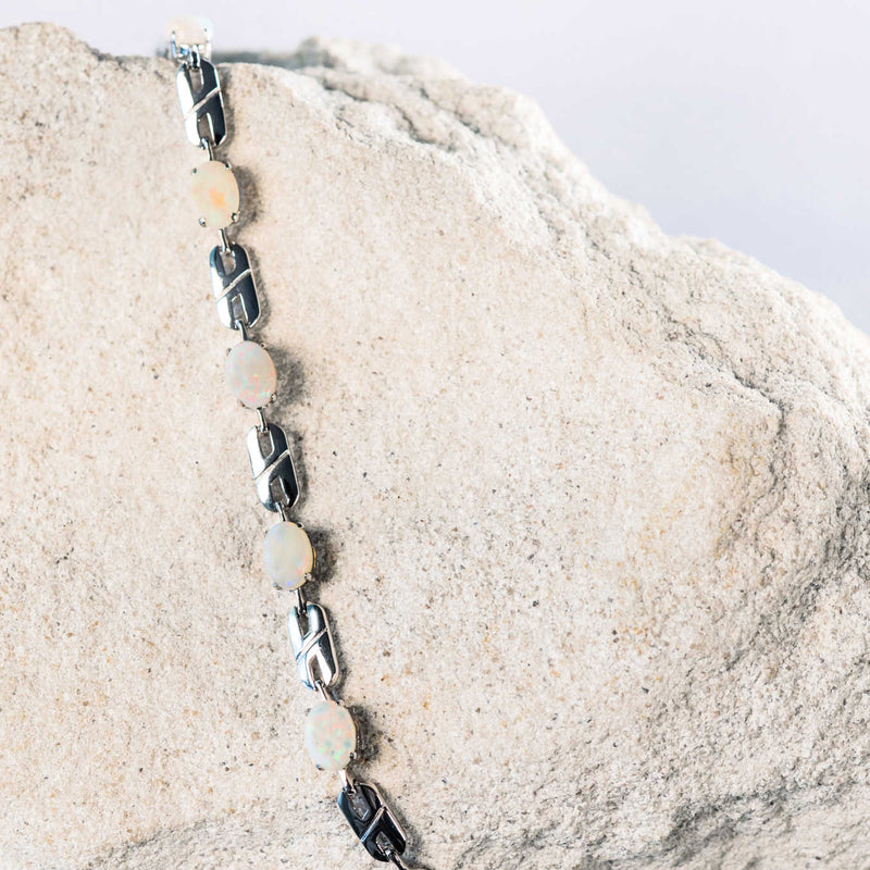 multi-coloured white opal silver bracelet in a double link design