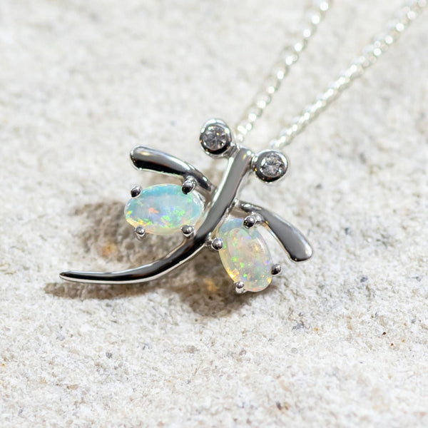 'Dragonfly' Silver Australian Crystal Opal Necklace Pendant - Black Star Opal