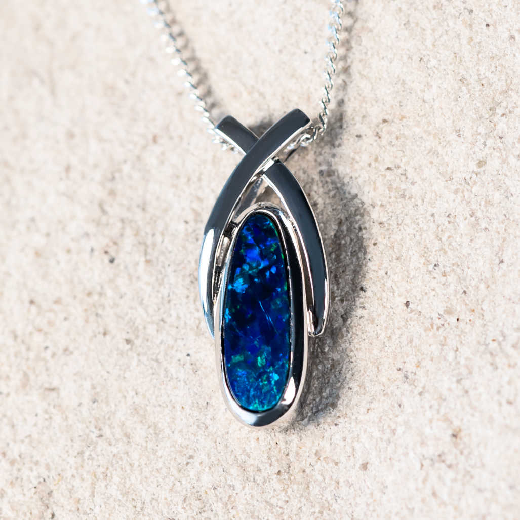 'Elida' Silver Australian Doublet Opal Necklace Pendant - Black Star Opal