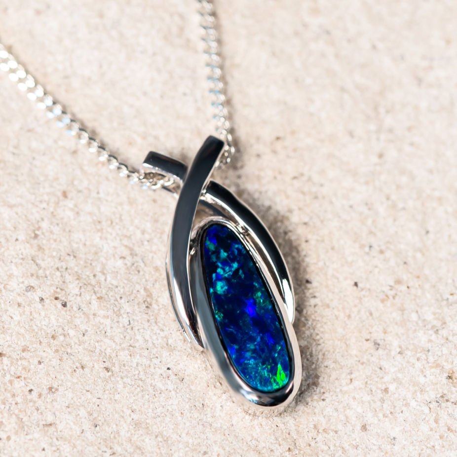 'Elida' Silver Australian Doublet Opal Necklace Pendant - Black Star Opal