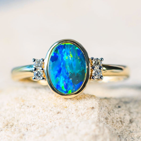 'Eline' Gold Australian Doublet Opal Ring - Black Star Opal