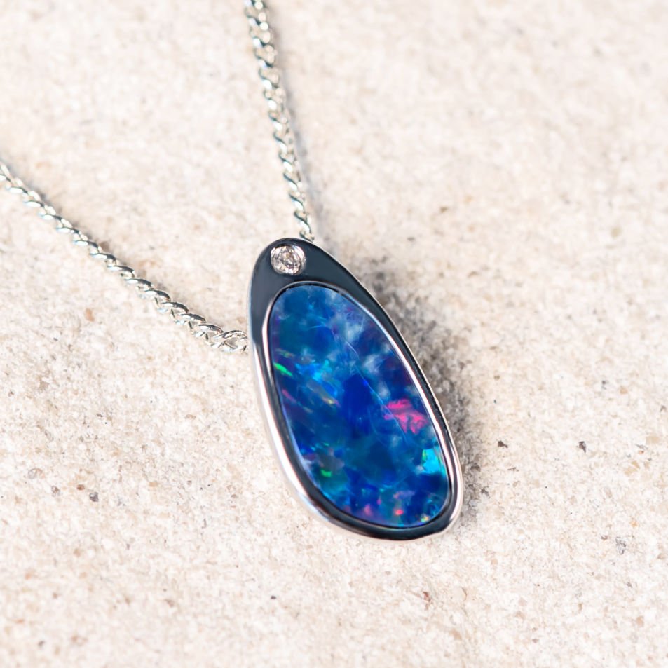 'Erica' Silver Australian Doublet Opal Necklace Pendant - Black Star Opal