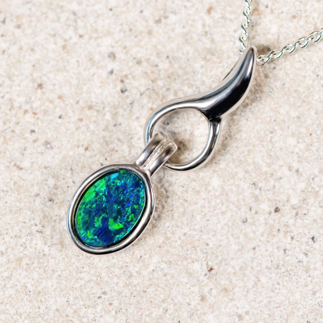 'Flame' Silver Australian Triplet Opal Necklace Pendant - Black Star Opal