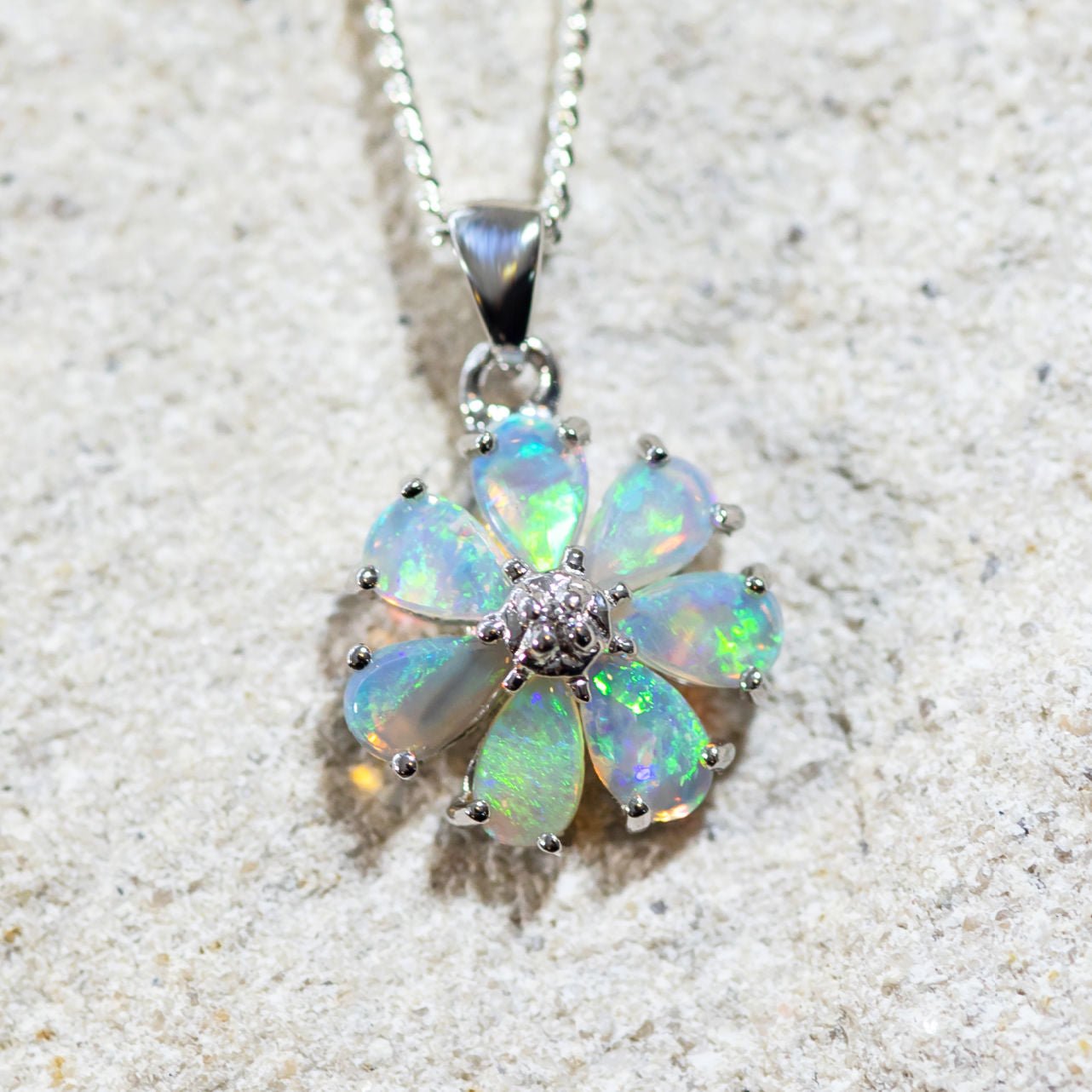 'Flora' Silver Australian Crystal Opal Necklace Pendant - Black Star Opal