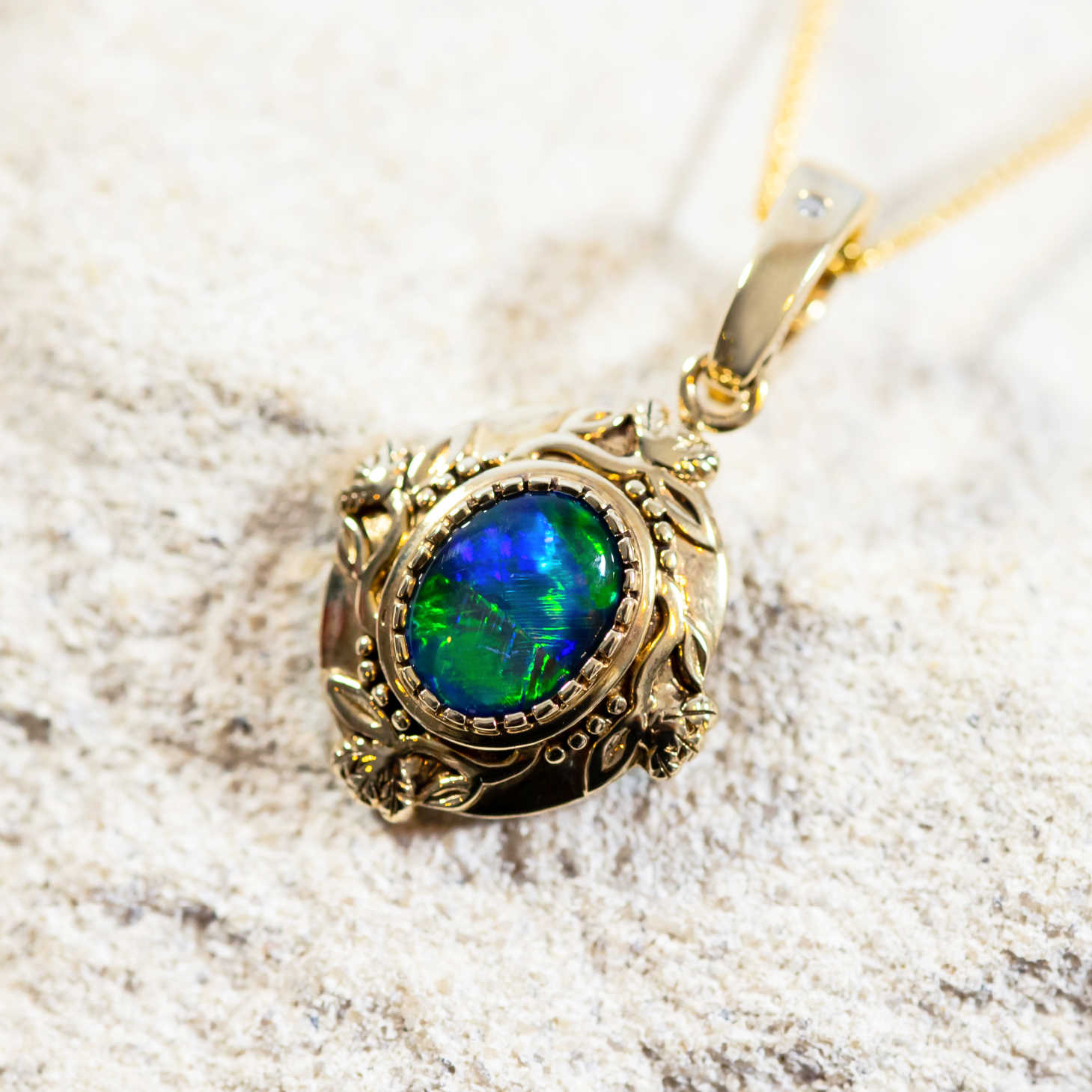 'Floral Garden' Gold Australian Triplet Opal Necklace Pendant - Black Star Opal