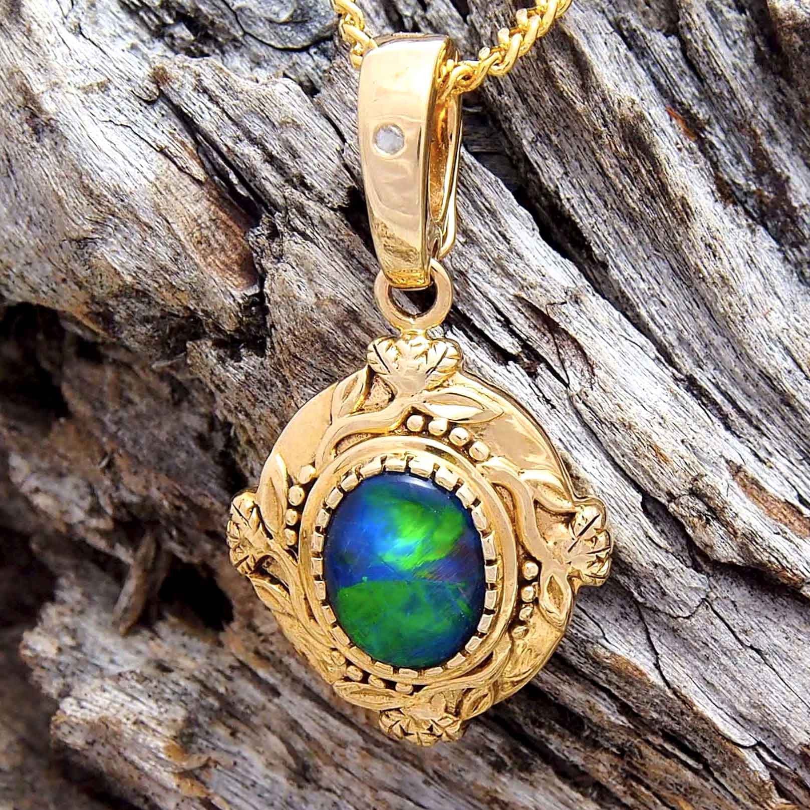 'Floral Garden' Gold Australian Triplet Opal Necklace Pendant - Black Star Opal