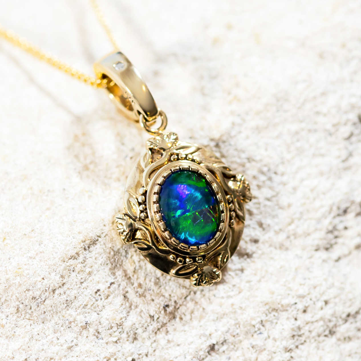 'Floral Garden' Gold Australian Triplet Opal Necklace Pendant - Black Star Opal