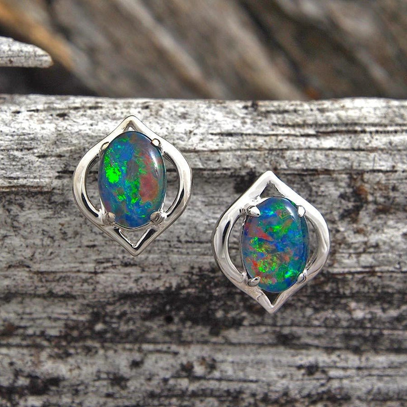 'Genie' Silver Australian Triplet Opal Earrings - Black Star Opal