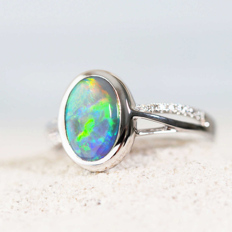 lightning ridge black opal white gold ring with diamonds