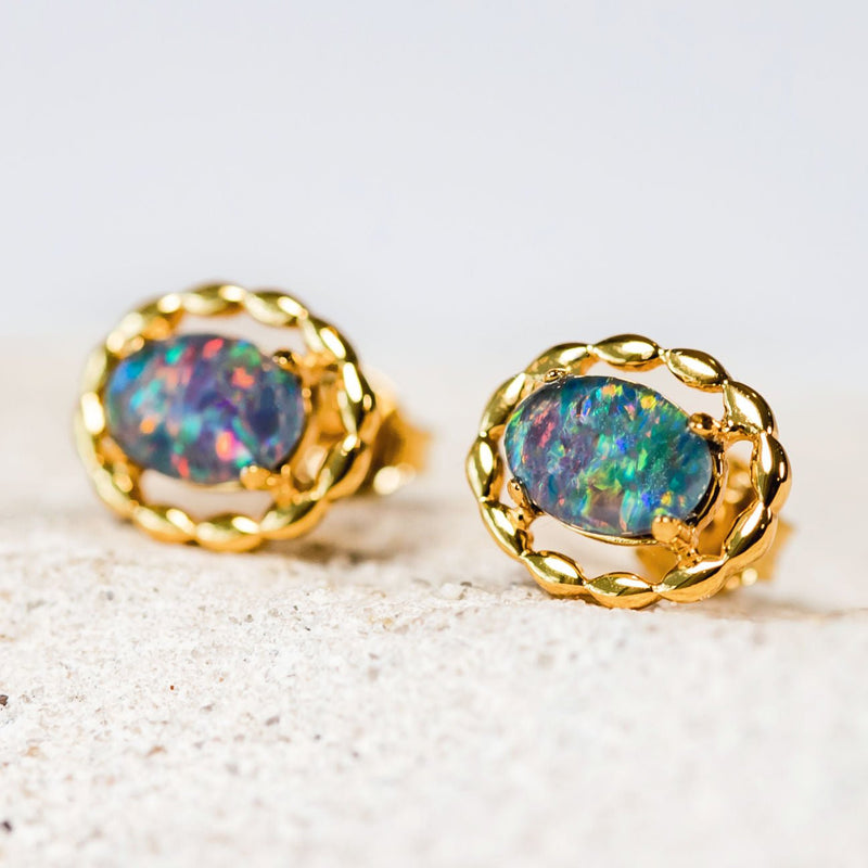 'Harley' Gold Plated Silver Australian Triplet Opal Earrings - Black Star Opal