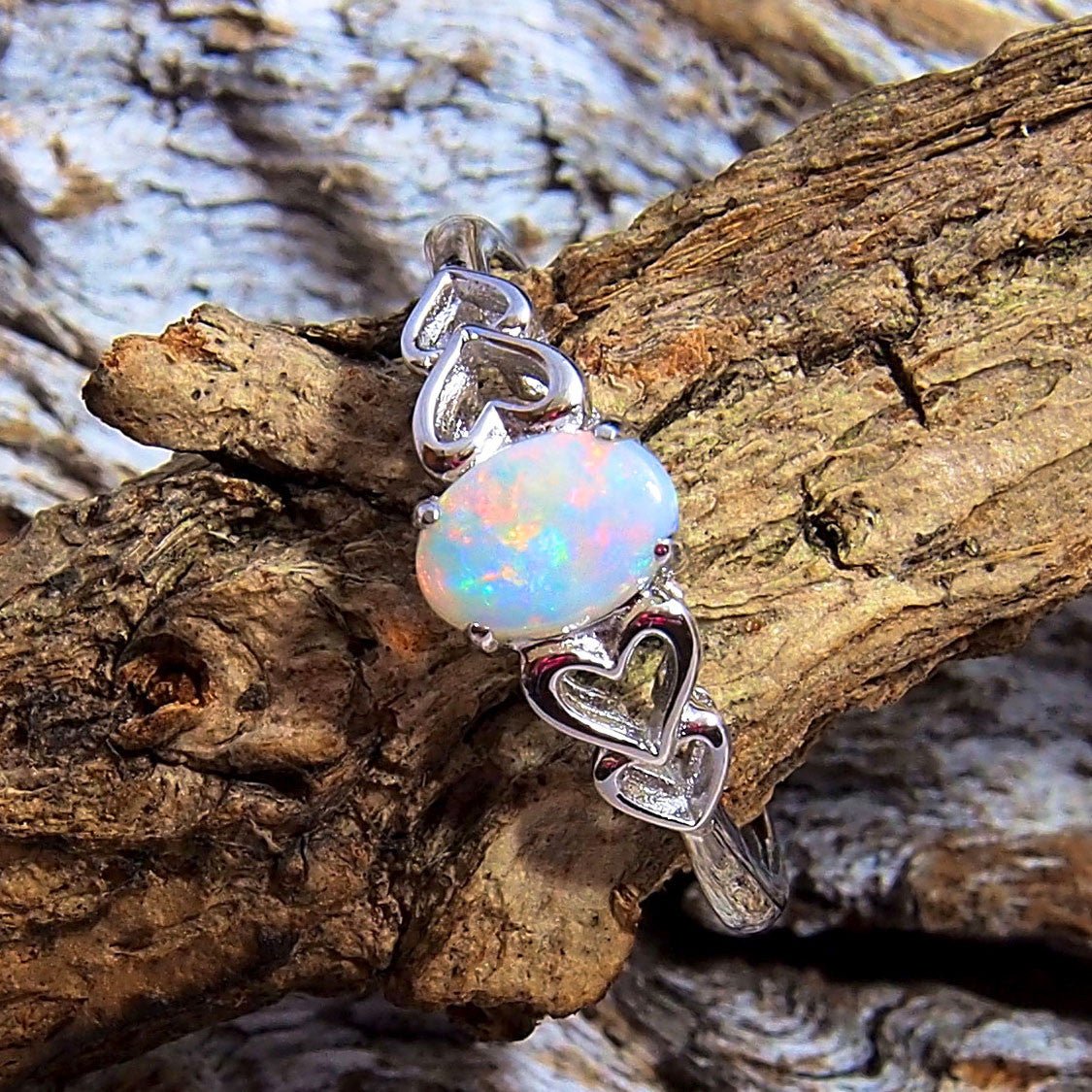 Sterling Silver Created Oval Opal Heart Design Ring